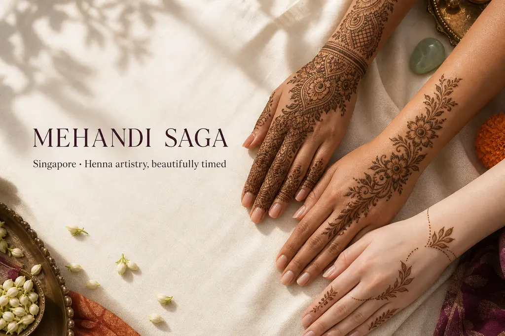 Editorial artwork of natural henna designs across a pair of hands